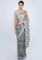 Dove grey hard net saree in floral jaal embroidery only on Kalki