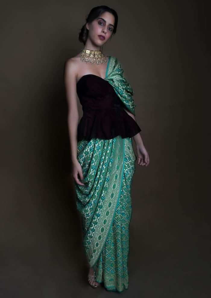Paris green bandhani printed saree with weaved jaal work  only on kalki