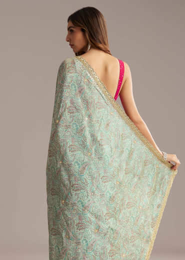 Dusky Blue Jacquard Saree With Mirror And Cutdana Embroidery