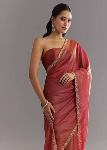 Dusky Brown Crushed Tissue Saree With Stones Cutdana Embroidered Scallop Border