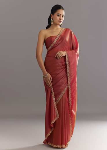 Dusky Brown Crushed Tissue Saree With Stones Cutdana Embroidered Scallop Border
