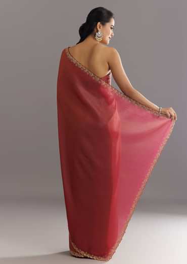 Dusky Brown Crushed Tissue Saree With Stones Cutdana Embroidered Scallop Border