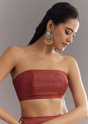 Dusky Brown Crushed Tissue Saree With Stones Cutdana Embroidered Scallop Border