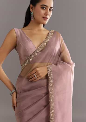 Dusky Lavender Organza Saree With Stones Cutdana Sequins Embroidery