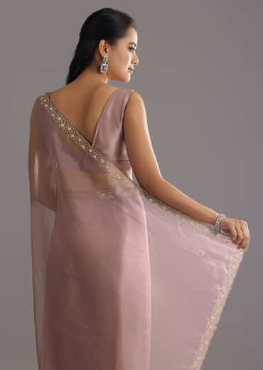 Dusky Lavender Organza Saree With Stones Cutdana Sequins Embroidery