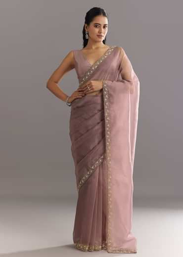 Dusky Lavender Organza Saree With Stones Cutdana Sequins Embroidery