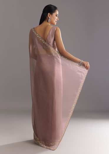 Dusky Lavender Organza Saree With Stones Cutdana Sequins Embroidery