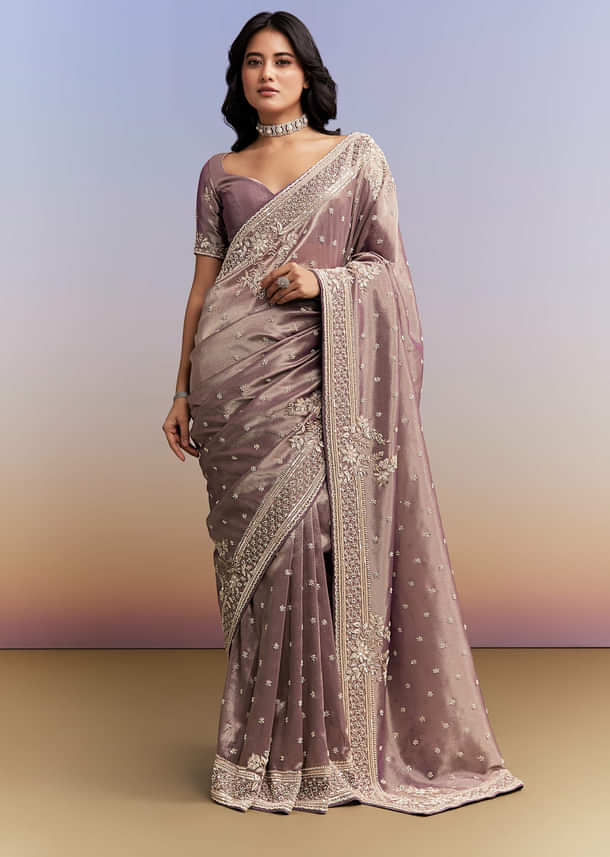 Dusky Lavender Tissue Silk Saree With Heavy Hand Embroidery Dusky Lavender Tissue Silk Saree With Heavy Hand Embroidery