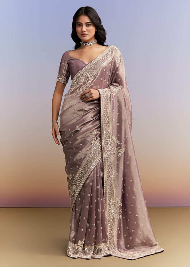 Dusky Lavender Tissue Silk Saree With Heavy Hand Embroidery Dusky Lavender Tissue Silk Saree With Heavy Hand Embroidery