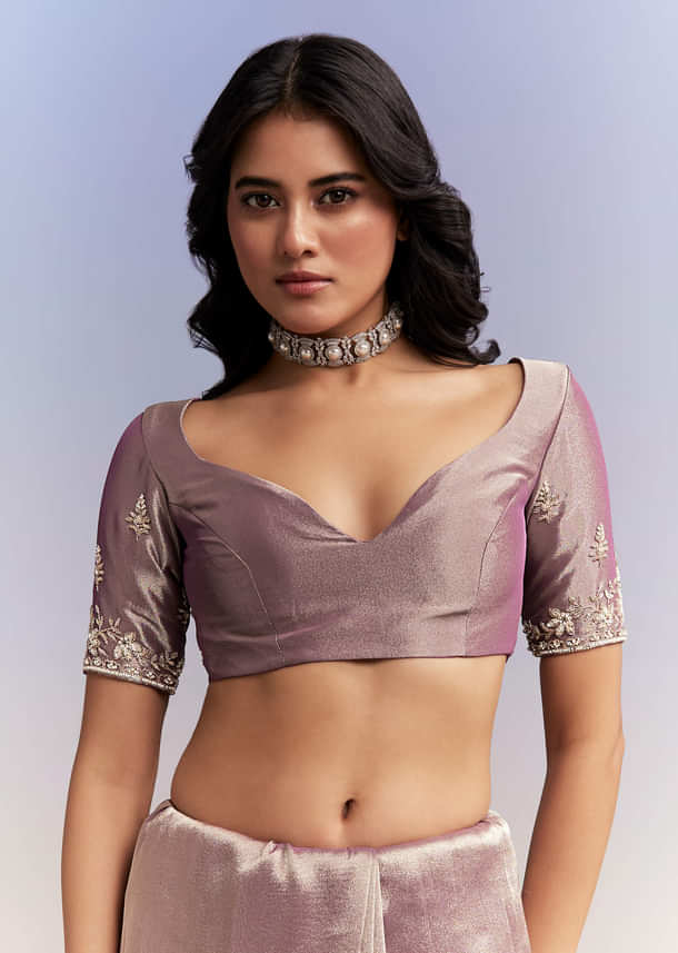 Dusky Lavender Tissue Silk Saree With Heavy Hand Embroidery Dusky Lavender Tissue Silk Saree With Heavy Hand Embroidery