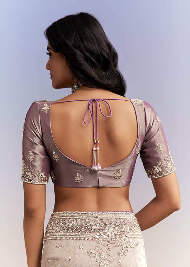 Dusky Lavender Tissue Silk Saree With Heavy Hand Embroidery Dusky Lavender Tissue Silk Saree With Heavy Hand Embroidery