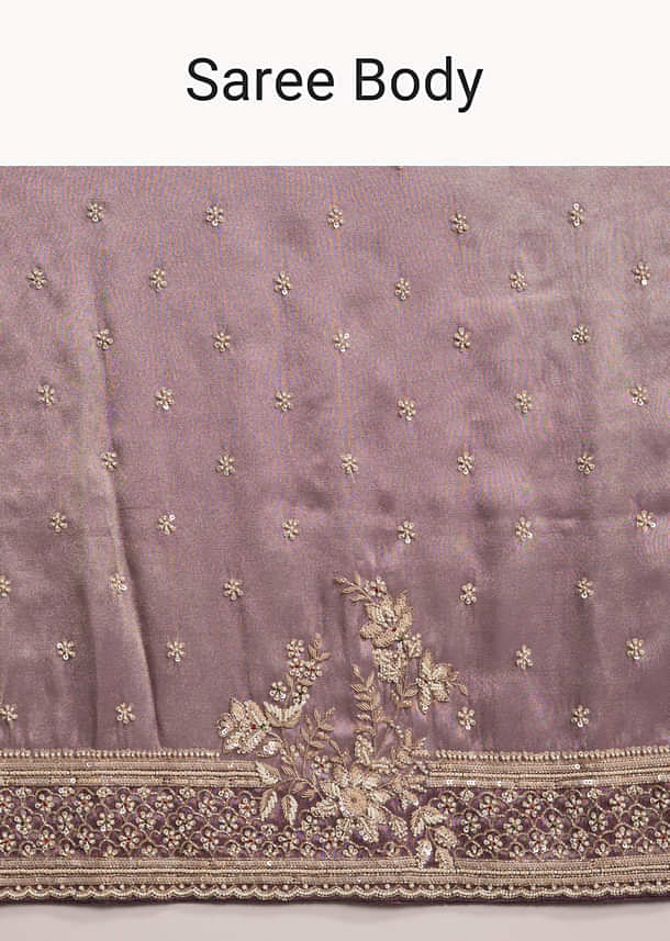 Dusky Lavender Tissue Silk Saree With Heavy Hand Embroidery Dusky Lavender Tissue Silk Saree With Heavy Hand Embroidery