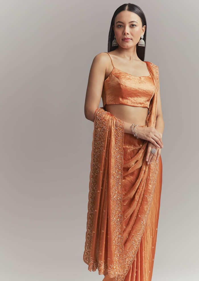 Dusky Orange Chinon Embroidered Saree With Embroidery