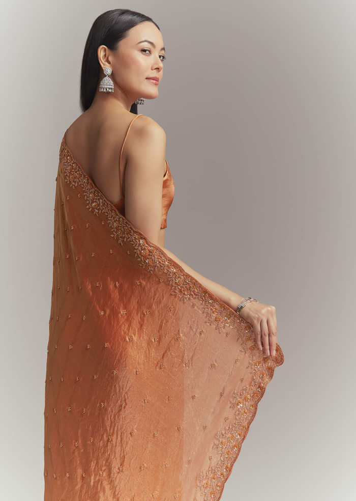 Dusky Orange Chinon Embroidered Saree With Embroidery