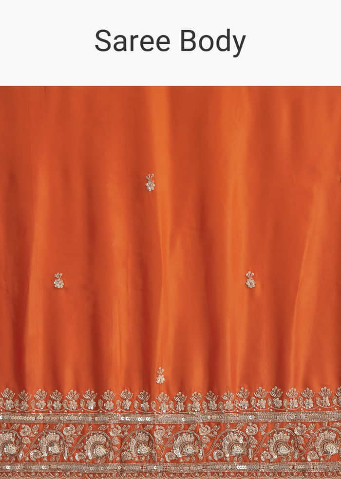Dusky Orange Satin Embroidered Saree With Heavy Hand Embroidery