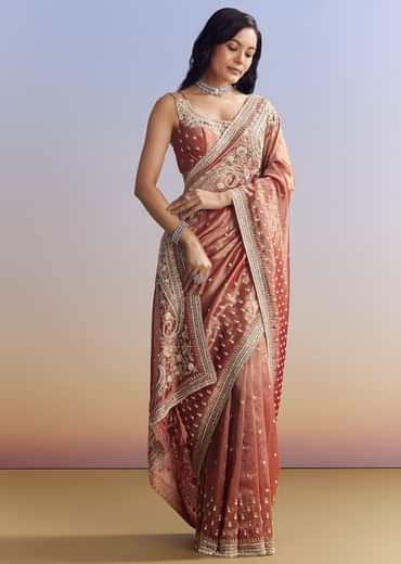 Dusky Orange Tissue Saree With Dense Embroidery