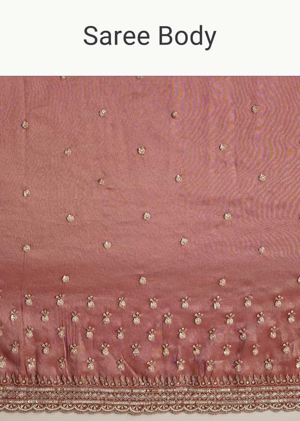 Dusky Orange Tissue Saree With Dense Embroidery