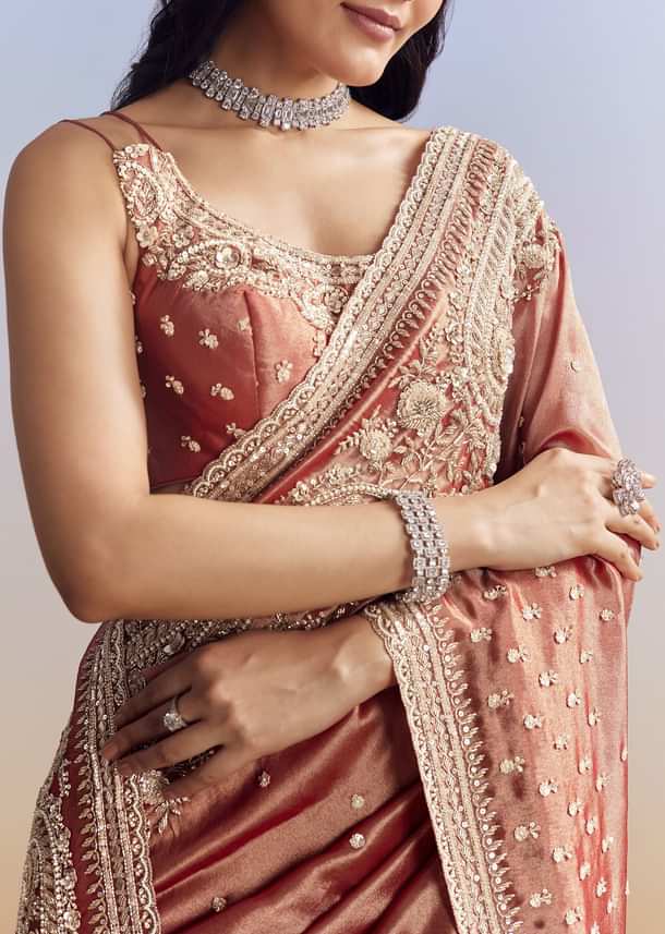 Dusky Orange Tissue Saree With Dense Embroidery