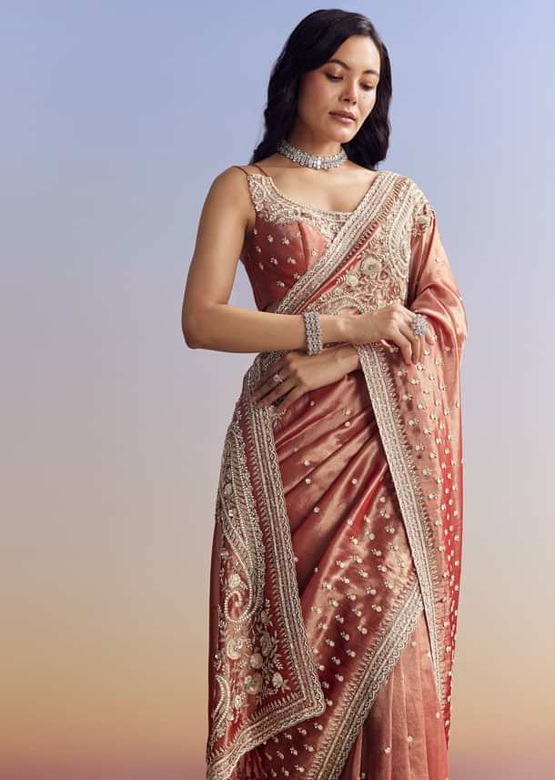 Dusky Orange Tissue Saree With Dense Embroidery