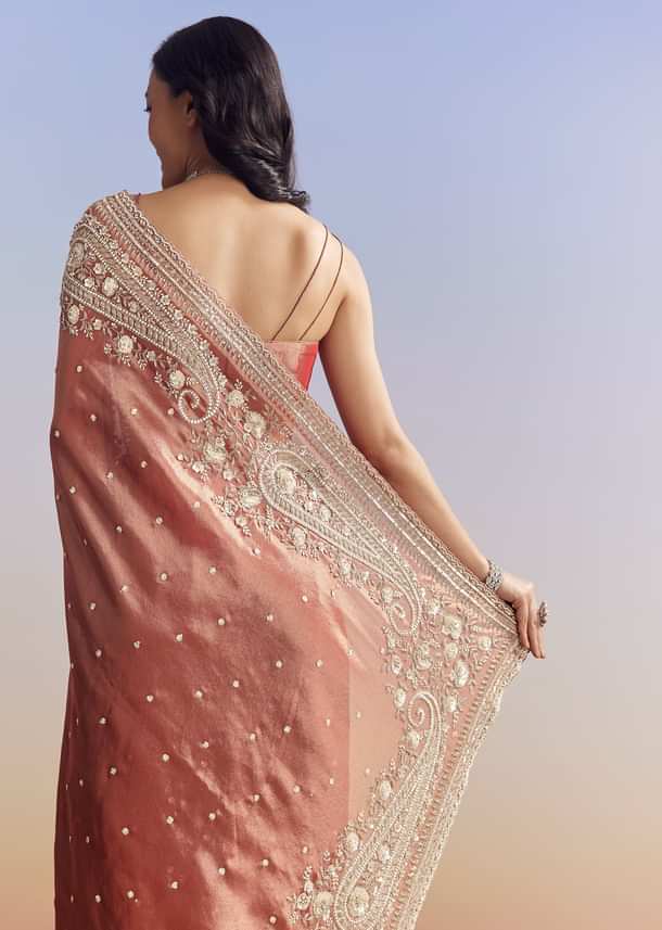 Dusky Orange Tissue Saree With Dense Embroidery