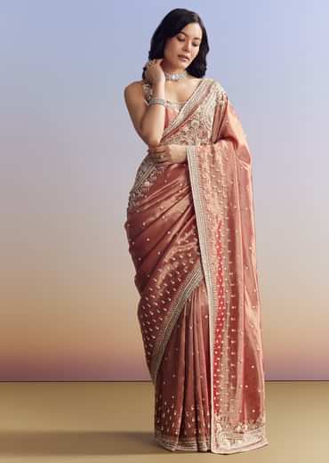 Dusky Orange Tissue Saree With Dense Embroidery