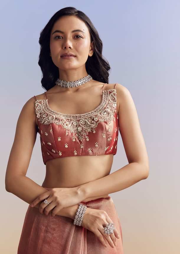 Dusky Orange Tissue Saree With Dense Embroidery