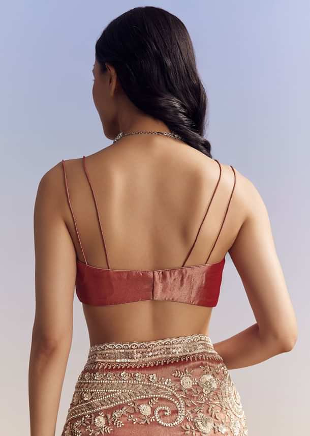 Dusky Orange Tissue Saree With Dense Embroidery