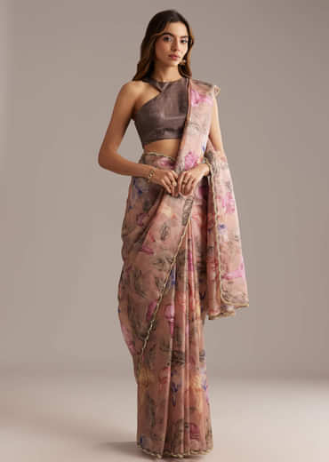 Dusky Peach Crush Tissue Saree With Floral Print And Zari Embroidery