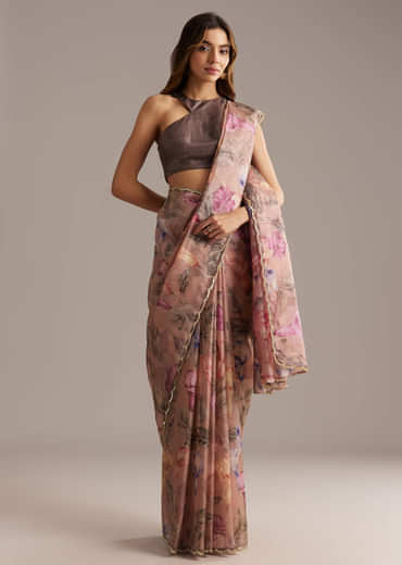Dusky Peach Crush Tissue Saree With Floral Print And Zari Embroidery
