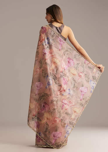 Dusky Peach Crush Tissue Saree With Floral Print And Zari Embroidery