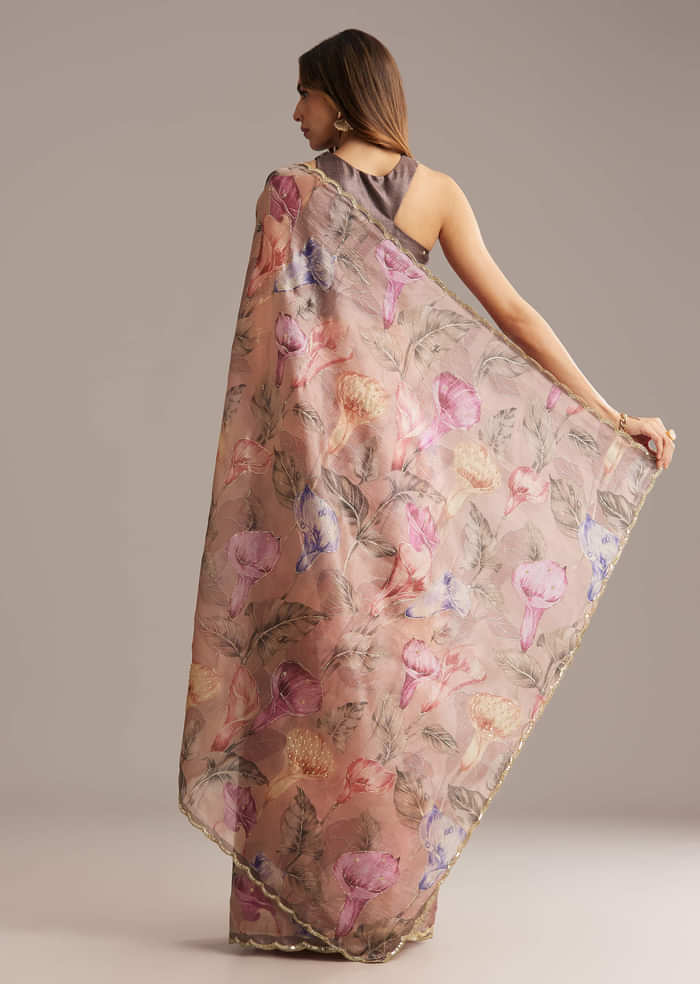 Dusky Peach Crush Tissue Saree With Floral Print And Zari Embroidery