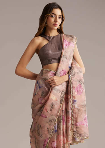 Dusky Peach Crush Tissue Saree With Floral Print And Zari Embroidery