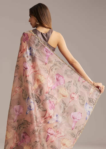 Dusky Peach Crush Tissue Saree With Floral Print And Zari Embroidery