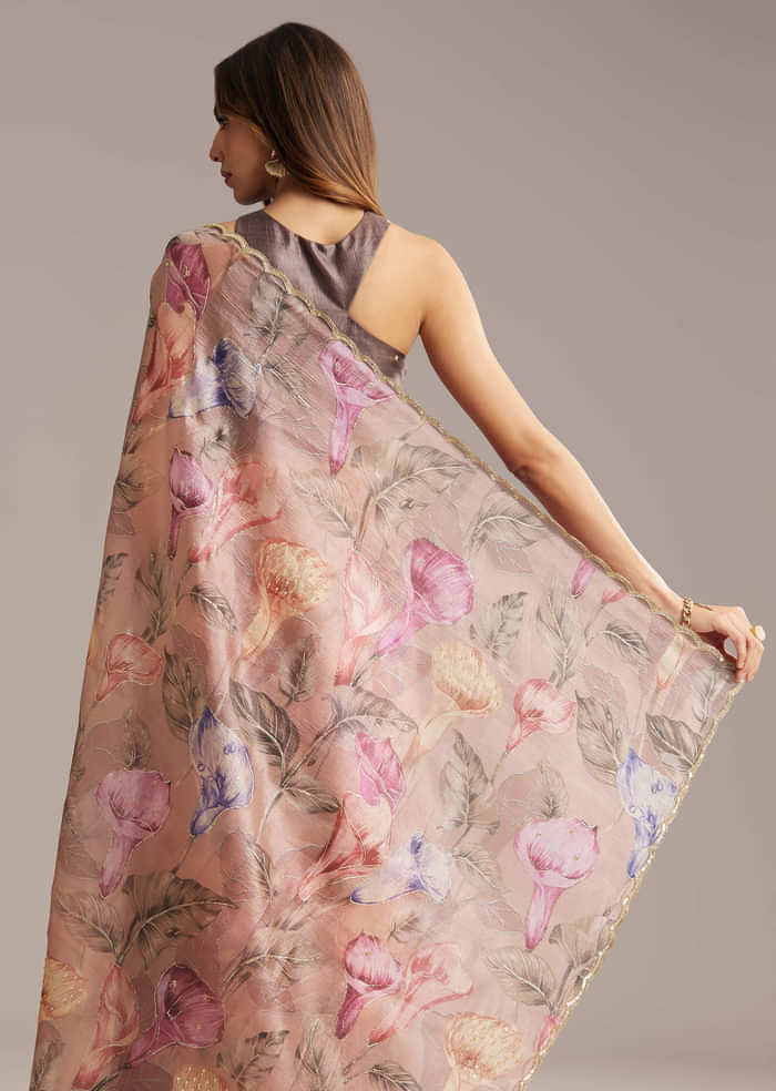 Dusky Peach Crush Tissue Saree With Floral Print And Zari Embroidery