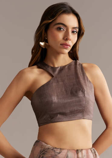 Dusky Peach Crush Tissue Saree With Floral Print And Zari Embroidery