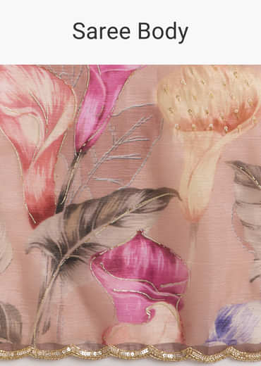 Dusky Peach Crush Tissue Saree With Floral Print And Zari Embroidery