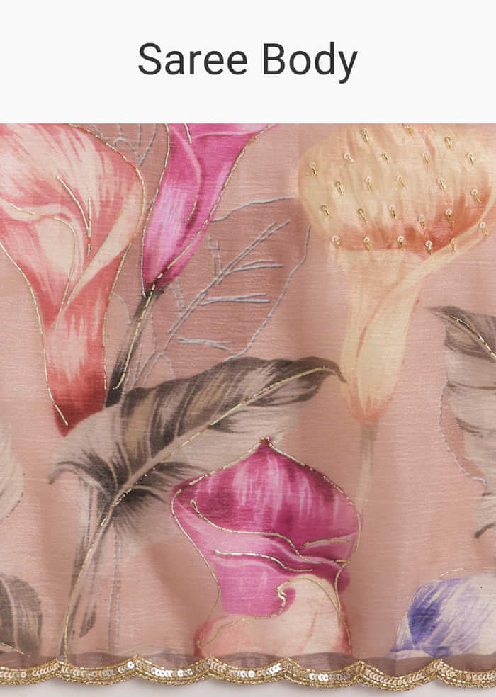 Dusky Peach Crush Tissue Saree With Floral Print And Zari Embroidery