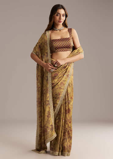 Dusky Yellow Tissue Saree With Sequins And Mirror Embroidery