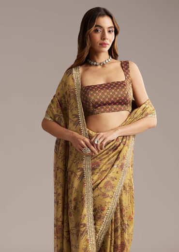 Dusky Yellow Tissue Saree With Sequins And Mirror Embroidery