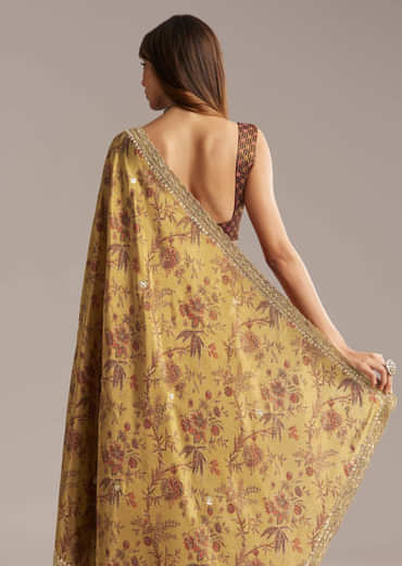 Dusky Yellow Tissue Saree With Sequins And Mirror Embroidery