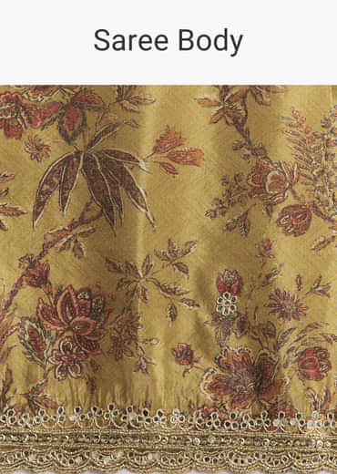 Dusky Yellow Tissue Saree With Sequins And Mirror Embroidery