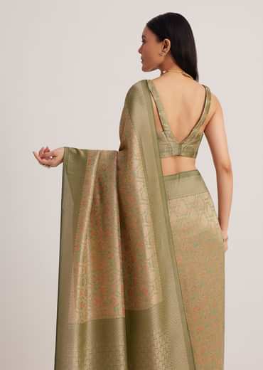 Dusky Green Tissue Silk Woven Saree