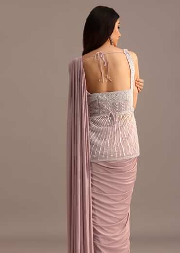 Dusky Pink Ready Pleated Saree With Embroidered Blouse
