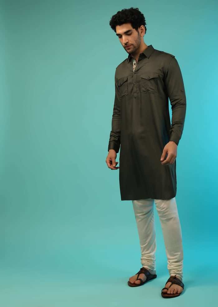 Dusty Olive Nehru Jacket And Olive Kurta Set With Patola Printed Jaal