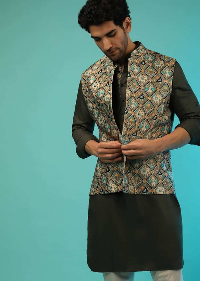 Dusty Olive Nehru Jacket And Olive Kurta Set With Patola Printed Jaal