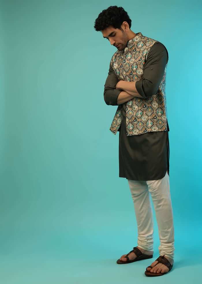 Dusty Olive Nehru Jacket And Olive Kurta Set With Patola Printed Jaal