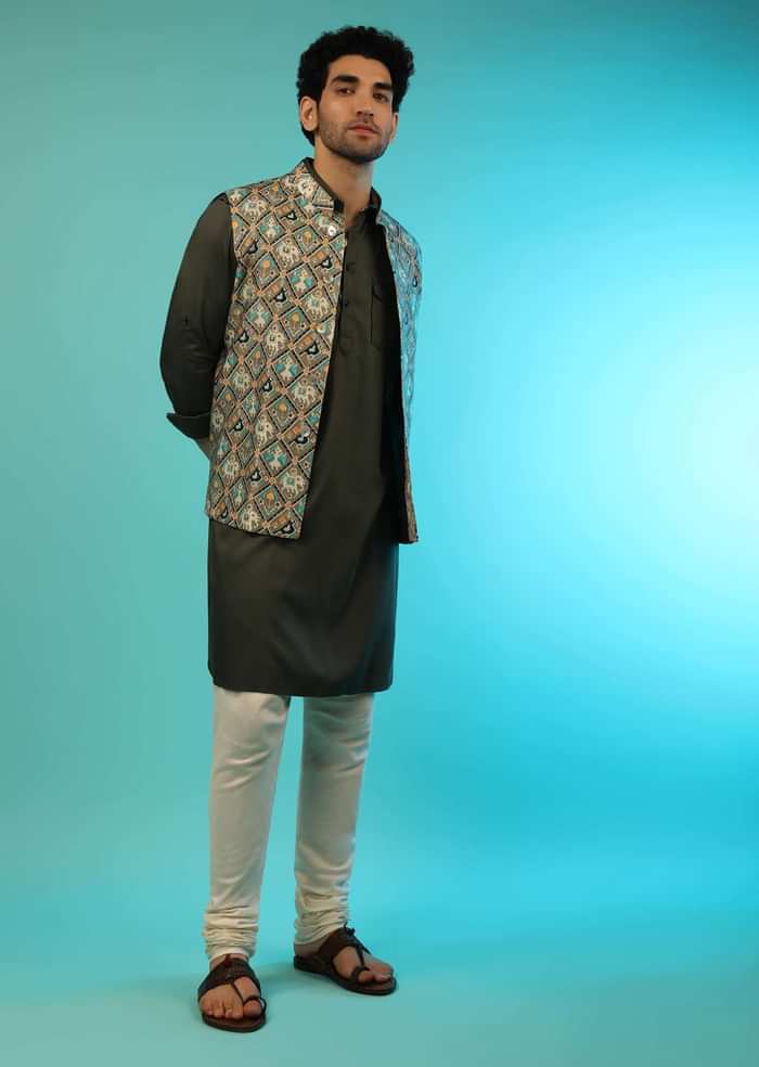 Dusty Olive Nehru Jacket And Olive Kurta Set With Patola Printed Jaal