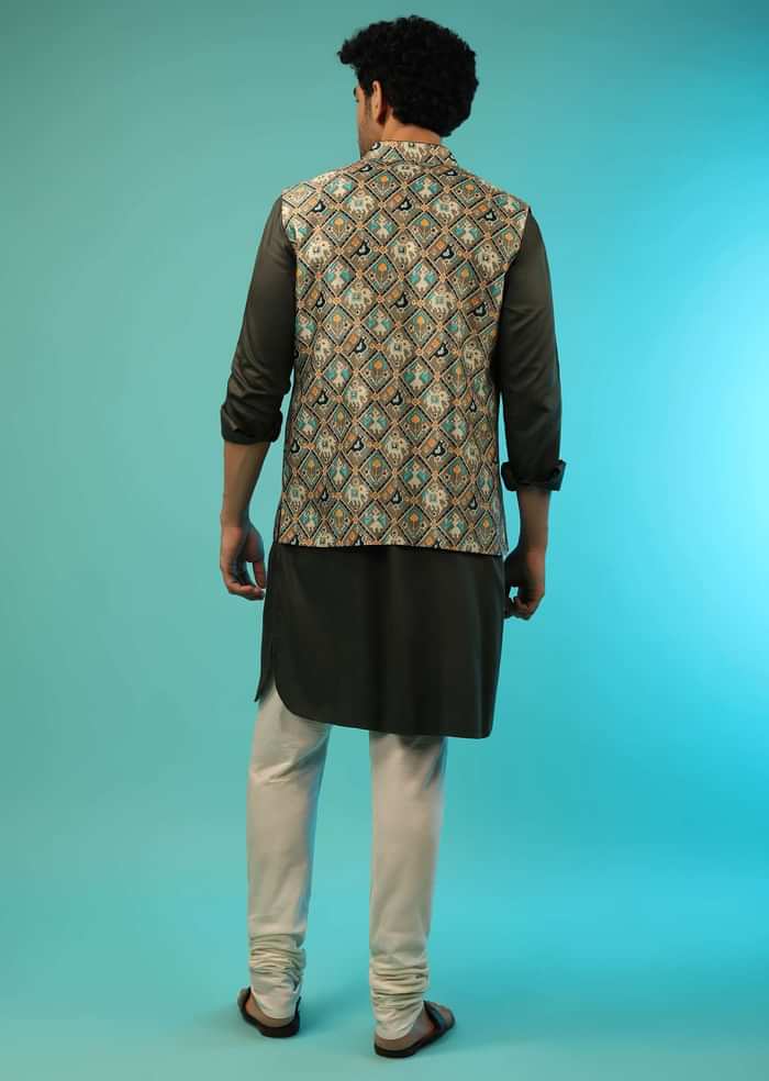 Dusty Olive Nehru Jacket And Olive Kurta Set With Patola Printed Jaal