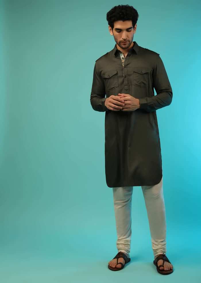 Dusty Olive Nehru Jacket And Olive Kurta Set With Patola Printed Jaal