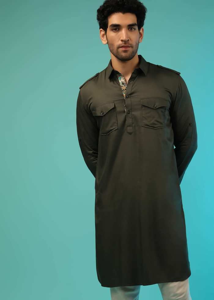 Dusty Olive Nehru Jacket And Olive Kurta Set With Patola Printed Jaal